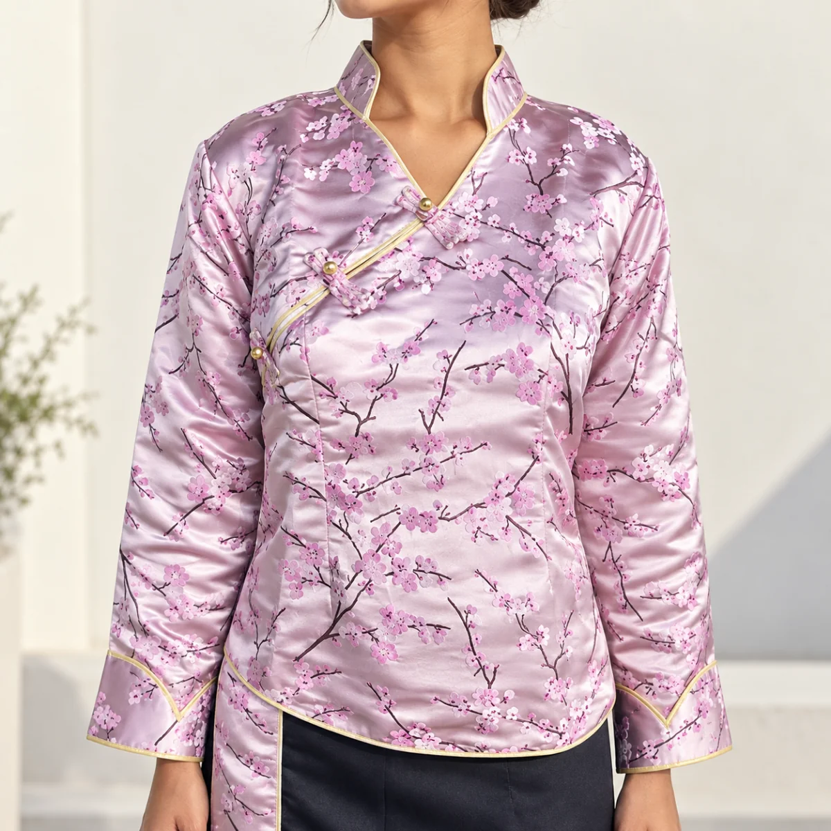 Brocade Tamang Wrapper Set — Wrap Top & Phariya Skirt 5 Pink blossom brocade wrap top front view