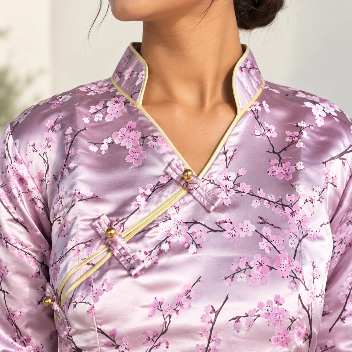 Brocade Tamang Wrapper Set — Wrap Top & Phariya Skirt 6 Pink wrap top diagonal placket frog button close up