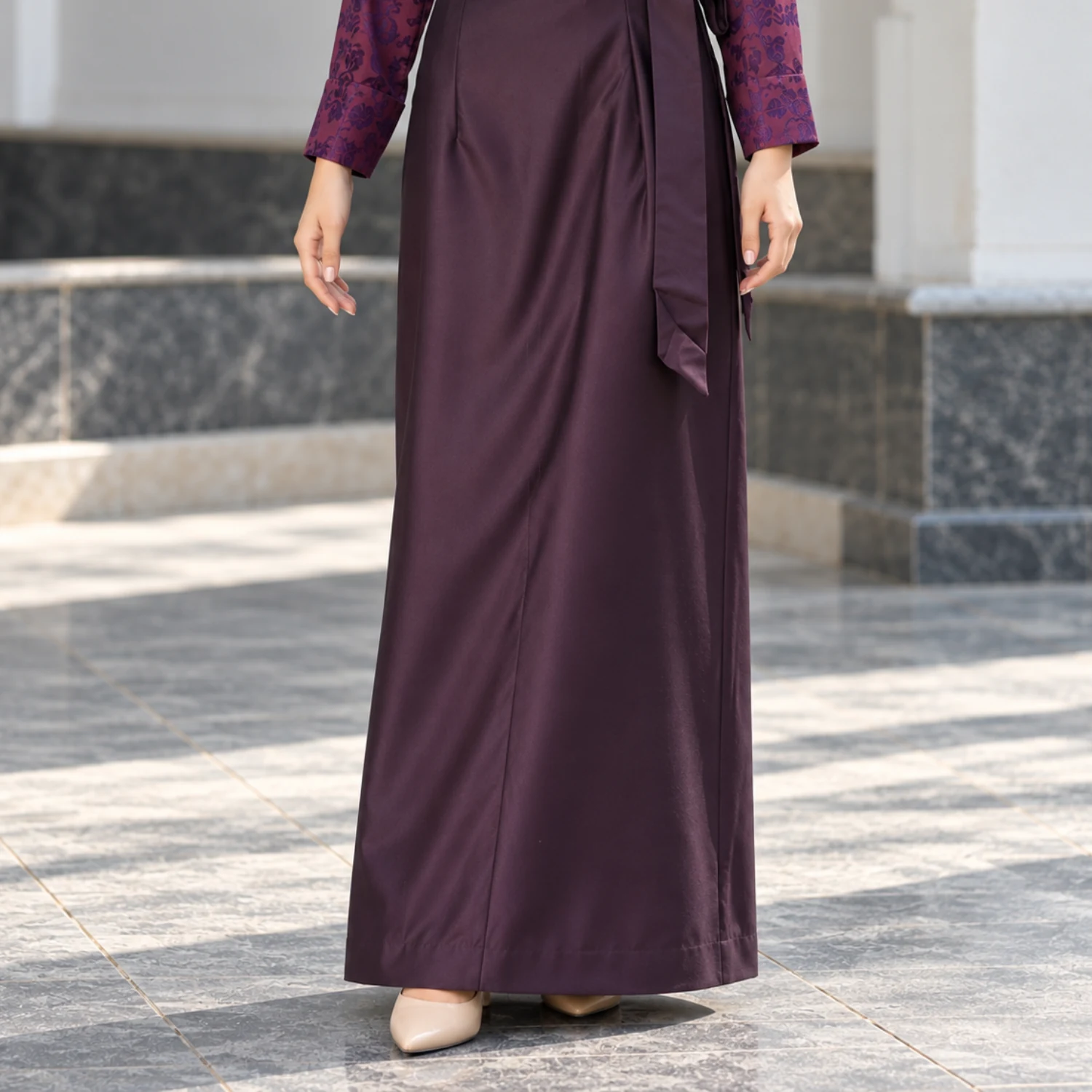 Bhutia Bakhu Dress with Floral Honju Sleeves 7 Plum suiting bakhu skirt and side sash lower view