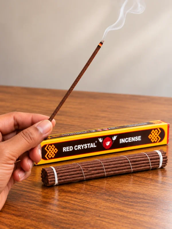 Red crystal incense original drikung yellow box with lit stick and bundle