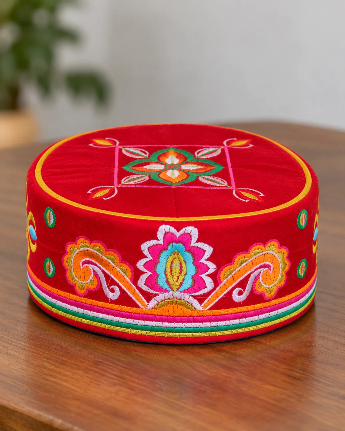 Embroidered Velvet Tamang Topi for Men 23 Red embroidered velvet topi product shot