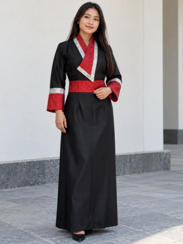 Tibetan dress for women in black suiting with red kuchin belt front view