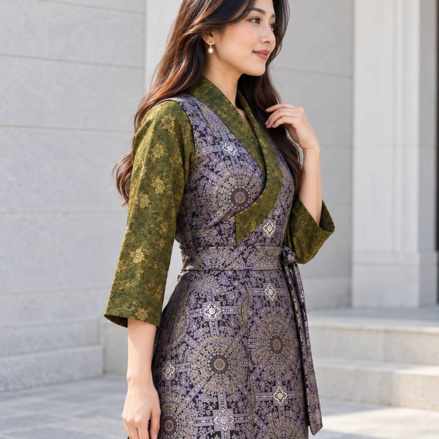 Tamang Kuchin Bakhu with Three-Quarter Honju Sleeves 3 Woman in kuchin bakhu with three quarter olive sleeves three quarter view