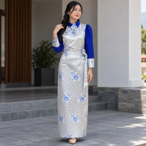 Woman wearing chinese bakhu in silver brocade with royal blue sleeves front view
