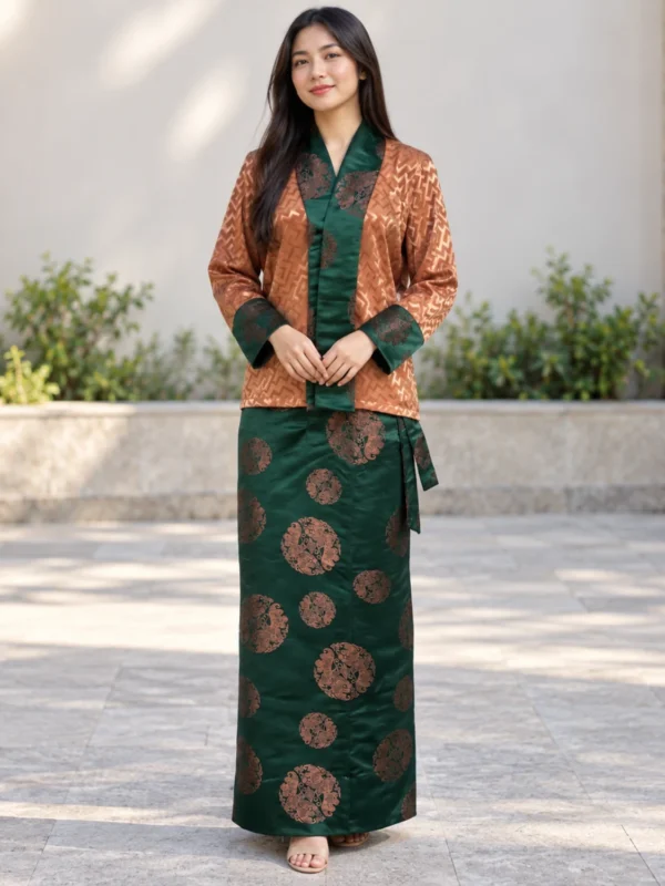 Woman wearing copper honju with green jacquard bakhu skirt front view