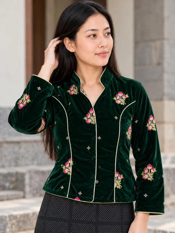 Woman wearing green embroidered velvet nepali blouse full sleeves front view