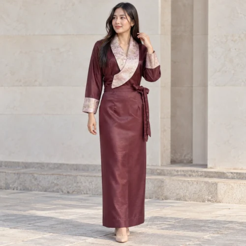 Woman wearing modern bakhu dress with rounded brocade lapel front view