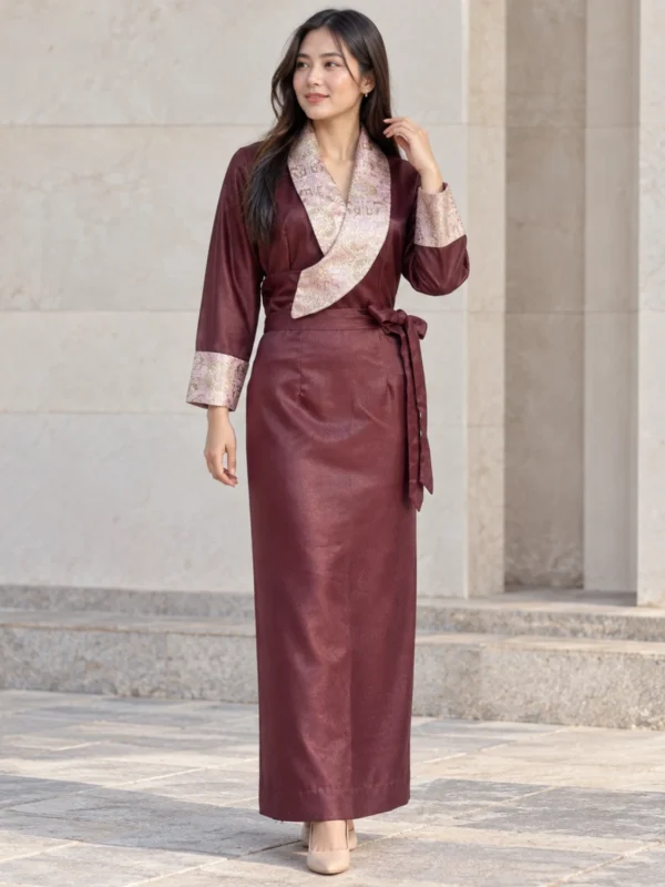 Woman wearing modern bakhu dress with rounded brocade lapel front view