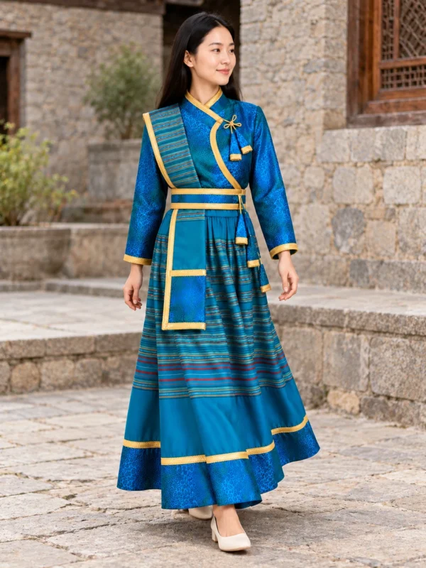 Woman wearing peacock blue tamang lehenga set tash kuchin four piece front view