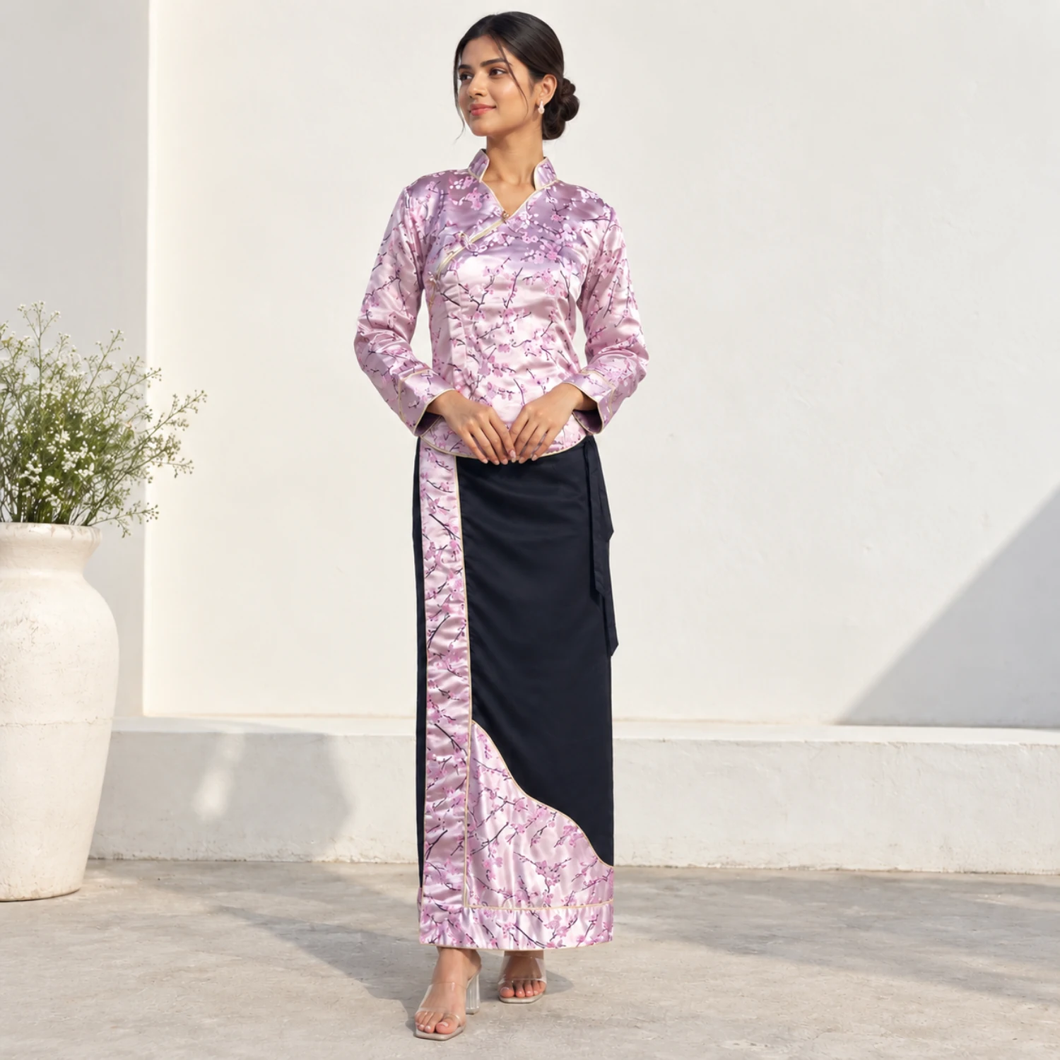 Brocade Tamang Wrapper Set — Wrap Top & Phariya Skirt 2 Woman wearing Pink brocade wrap top and phariya skirt front view