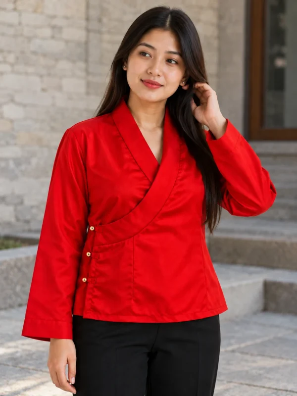 Woman wearing red satin wonju tibetan blouse wrap collar front view