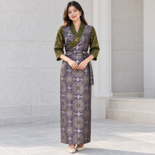 Woman wearing tamang bakhu dress in lilac kuchin with olive sleeves front view