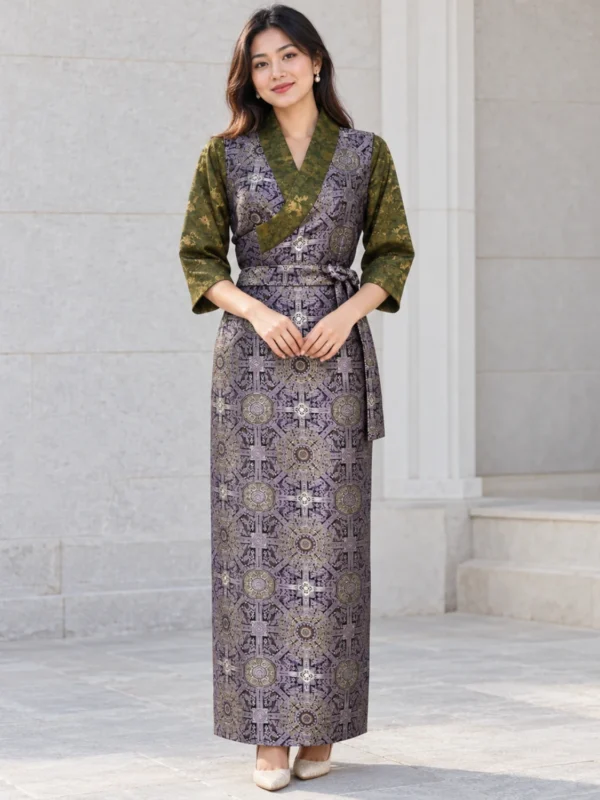 Woman wearing tamang bakhu dress in lilac kuchin with olive sleeves front view