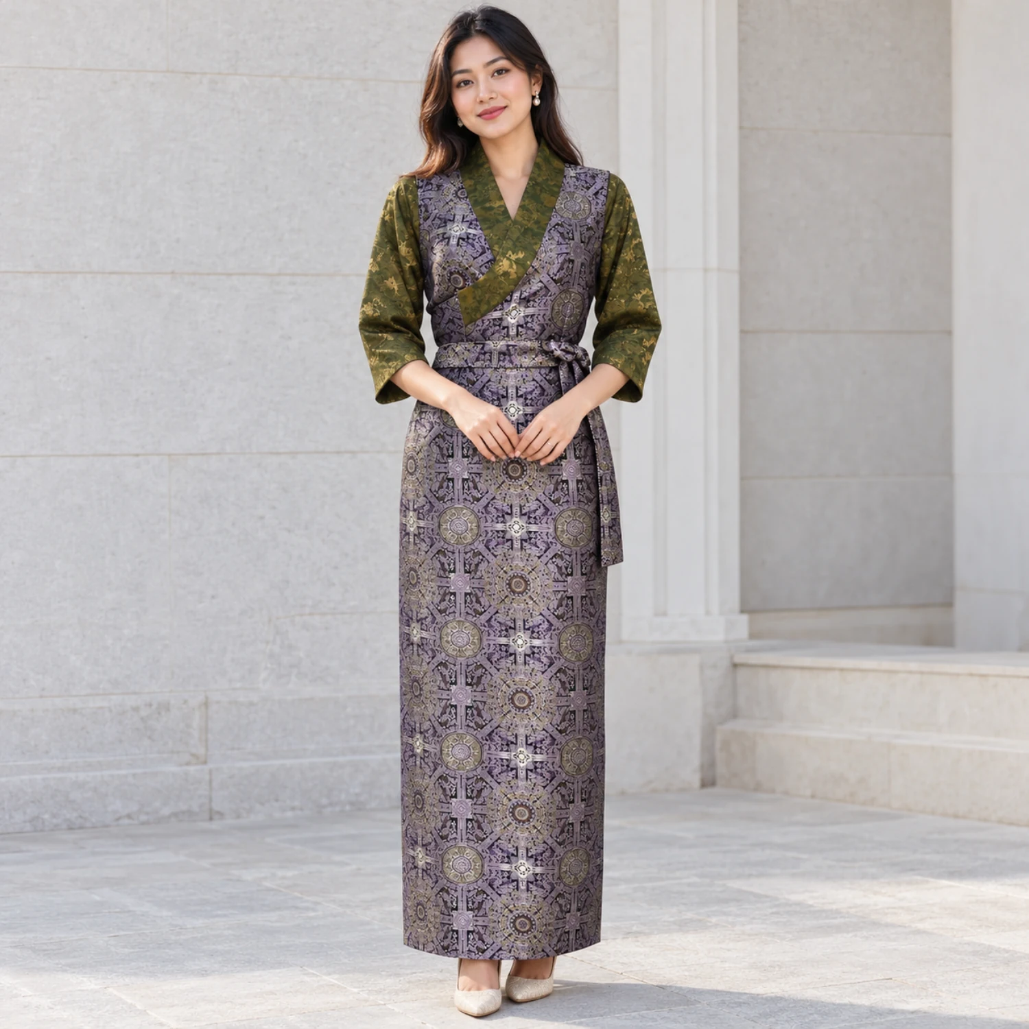 Tamang Kuchin Bakhu with Three-Quarter Honju Sleeves 1 Woman wearing tamang bakhu dress in lilac kuchin with olive sleeves front view