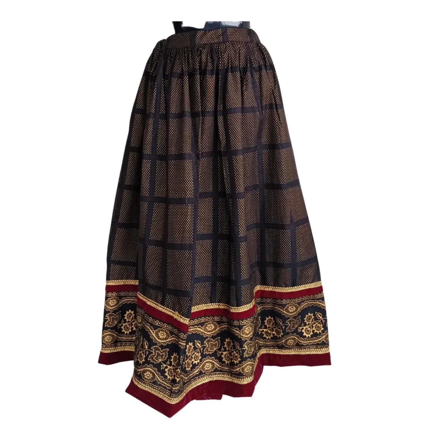 Black checked Nepali cotton lehenga with maroon–gold border