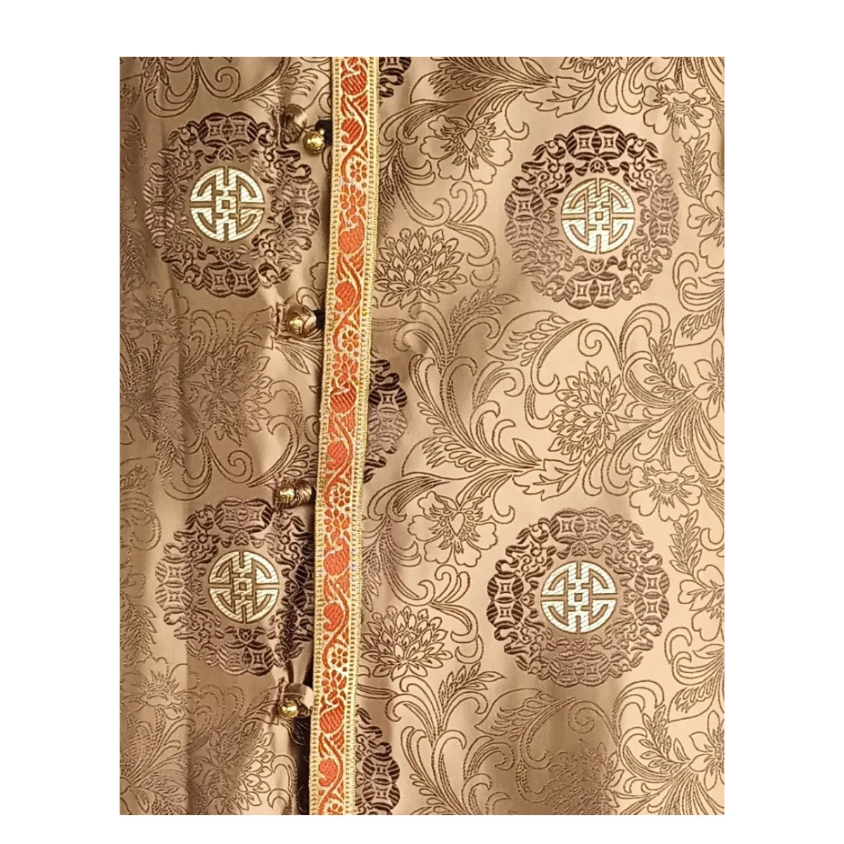 Close-up of auspicious medallion motif and border on Tash Kuchin Khenja