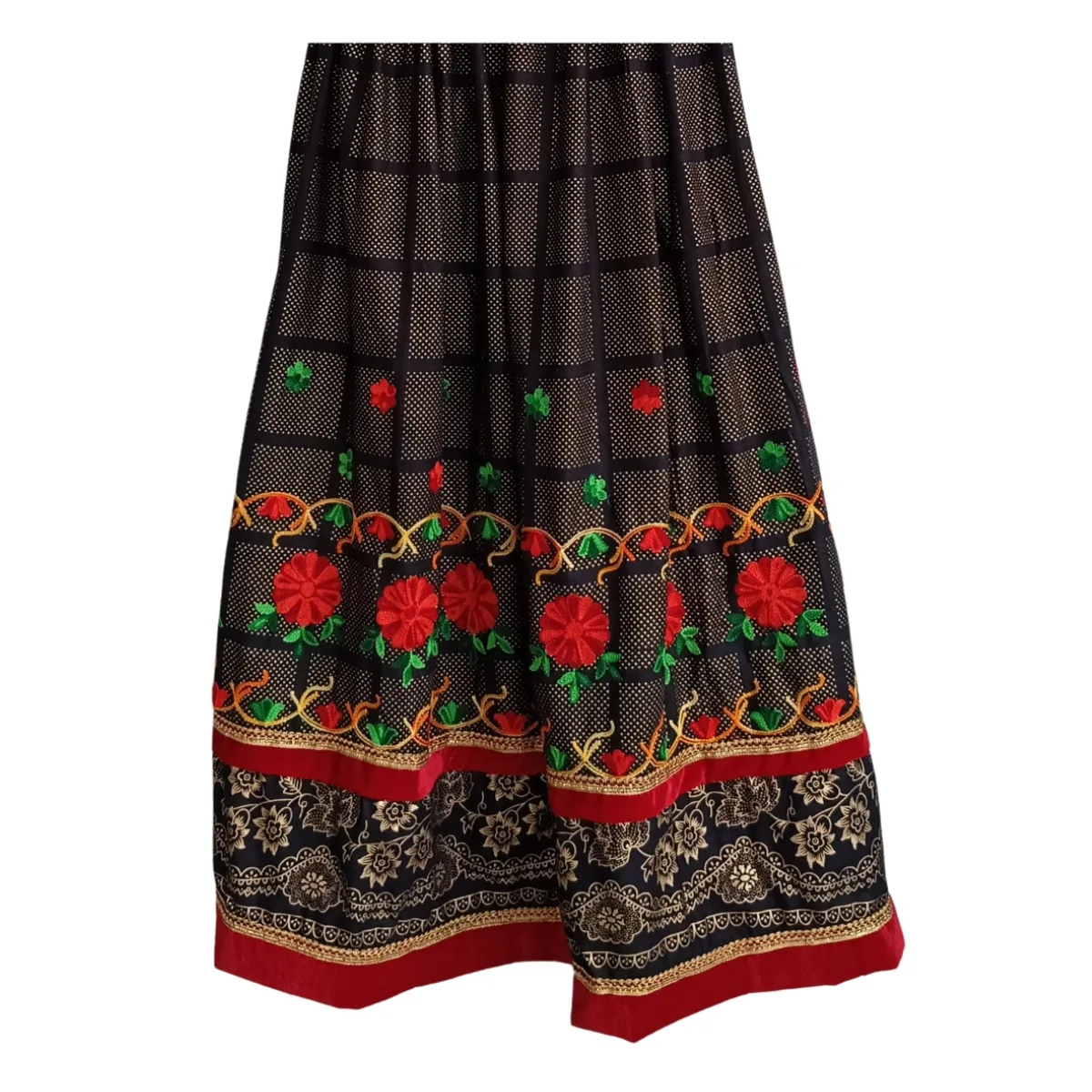 Close-up of checks with colourful floral embroidery on cotton lehenga