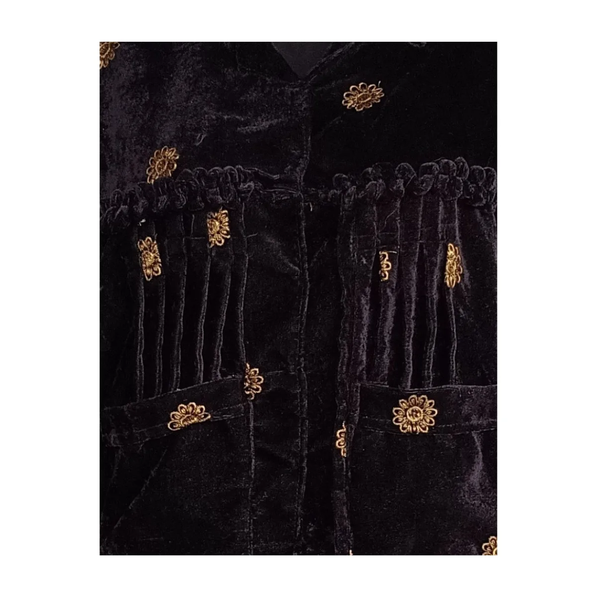 Close-up of gathered pleats and gold butti on velvet Cholo Close-up of gathered pleats and gold butti on velvet Cholo