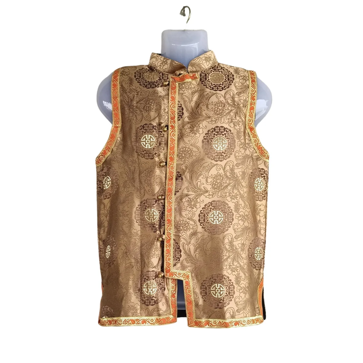 Front view of gold brocade Tamang sleeveless Khenja with orange-gold border