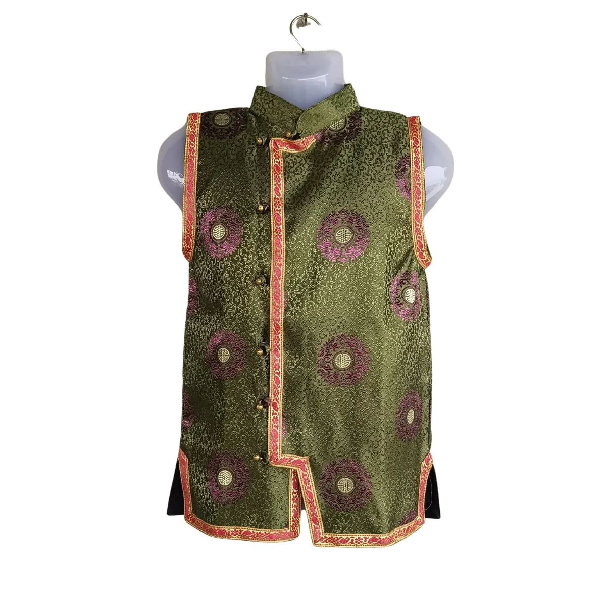 Front view of olive brocade Tamang sleeveless Khenja with red–gold border