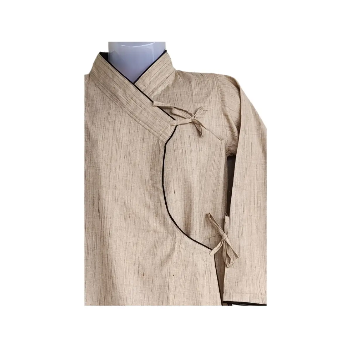 Full front view of beige Dawra Suruwal Daura top with wrap closure