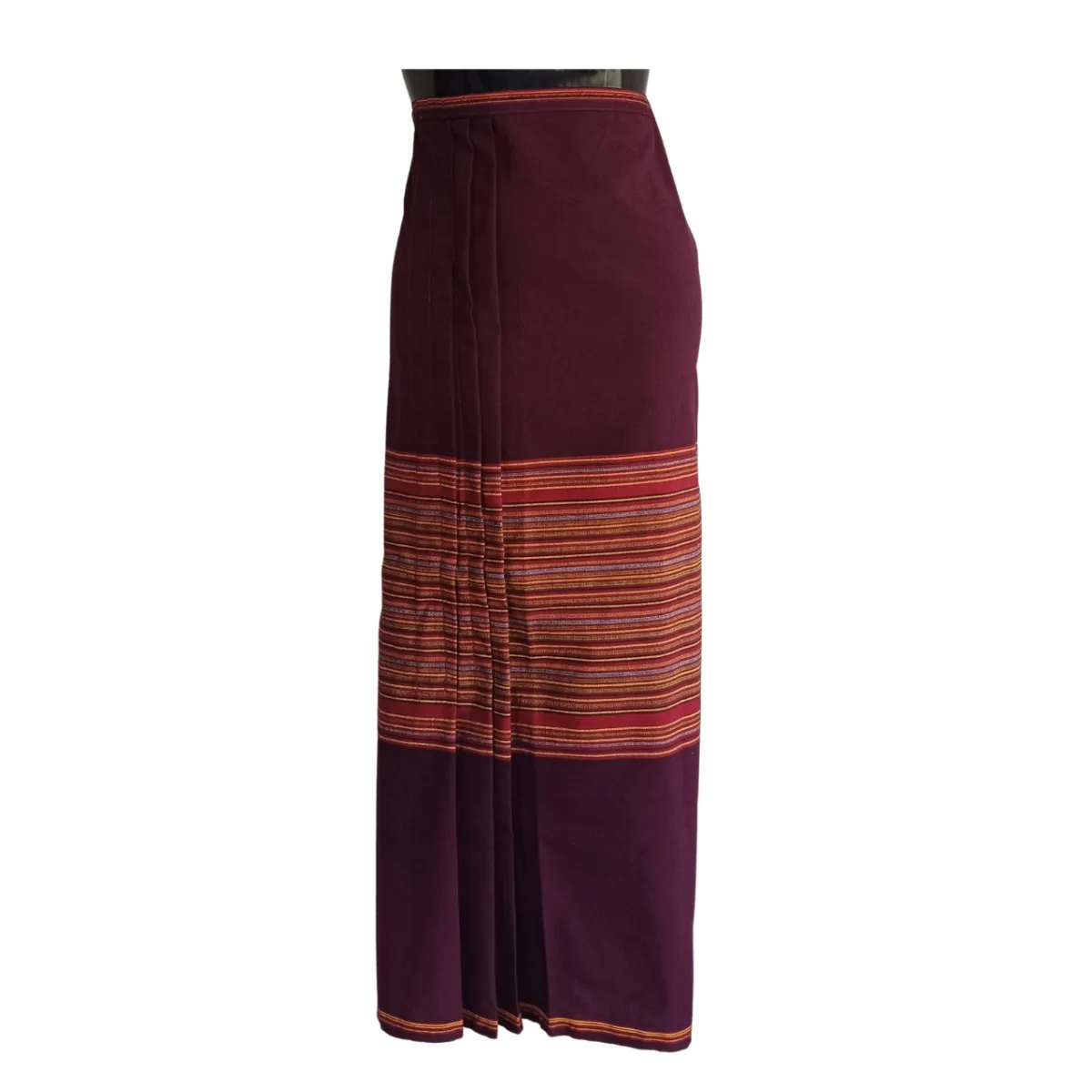 Full maroon Tamang wrapper with multicolour horizontal bands