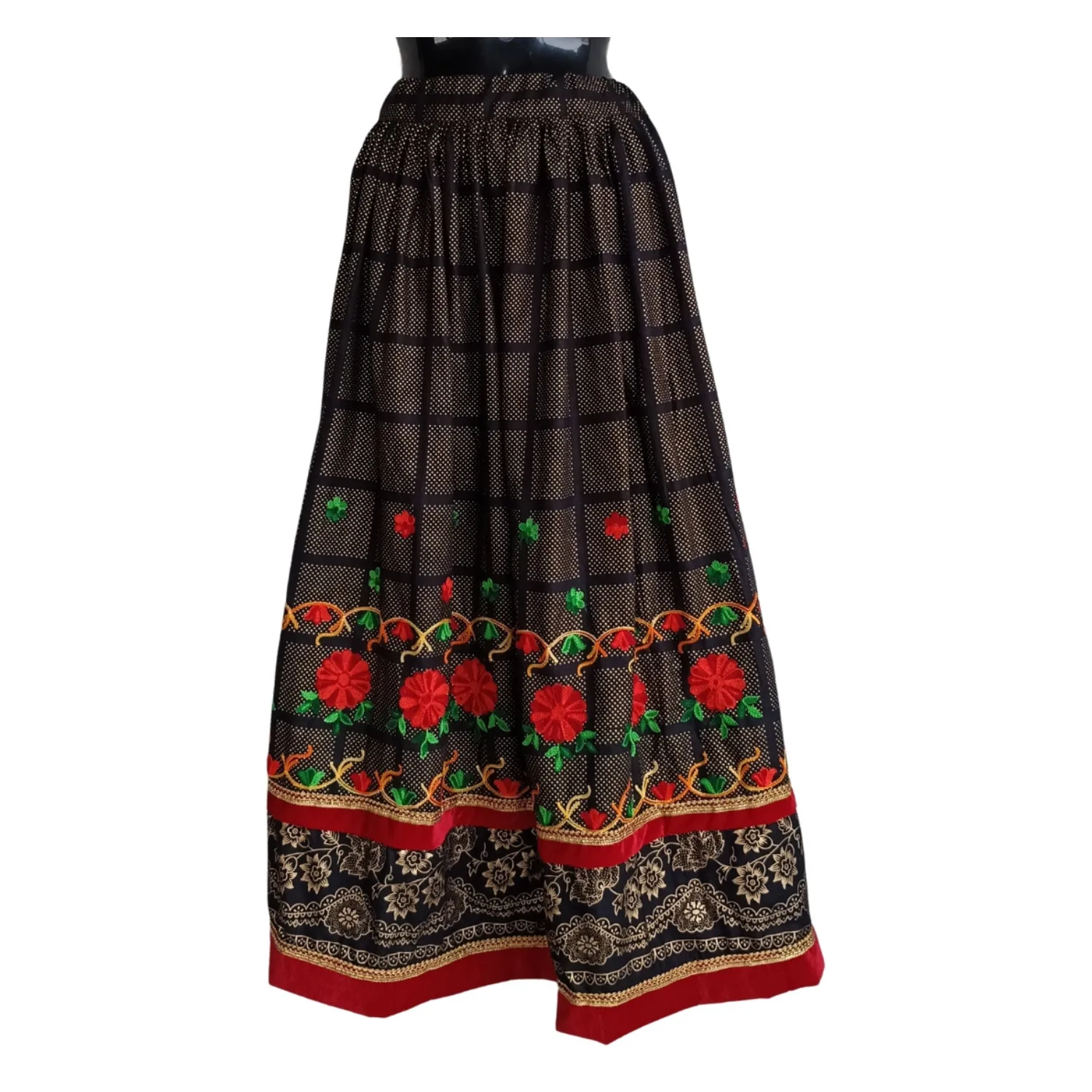 Full view of embroidered Nepali cotton lehenga with ornate hem border