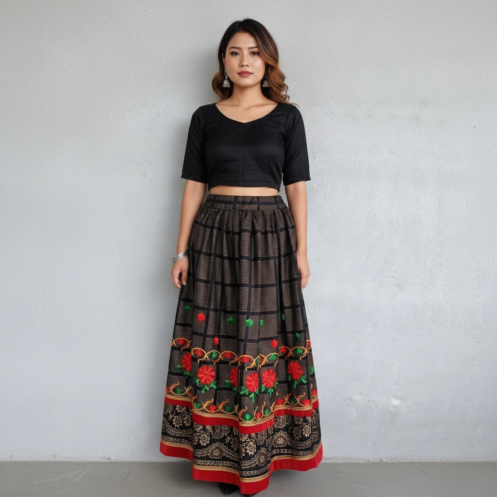 Girl wearing embroidered Nepali cotton lehenga