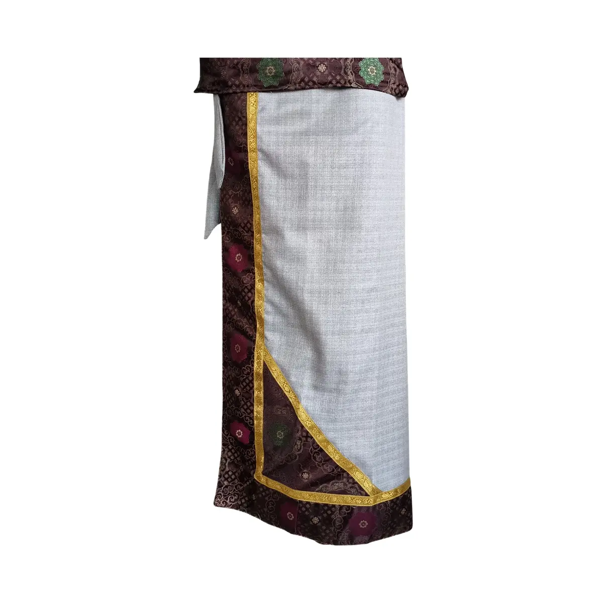 Grey wrapper with maroon brocade border and gold trim