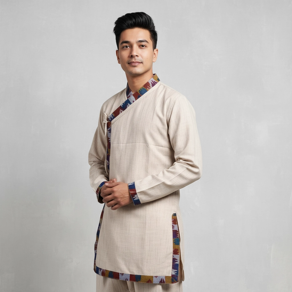 Guy in Beige Daura top with multicolour Dhaka-style trim and wrap ties Guy in Beige Daura top with multicolour Dhaka-style trim and wrap ties