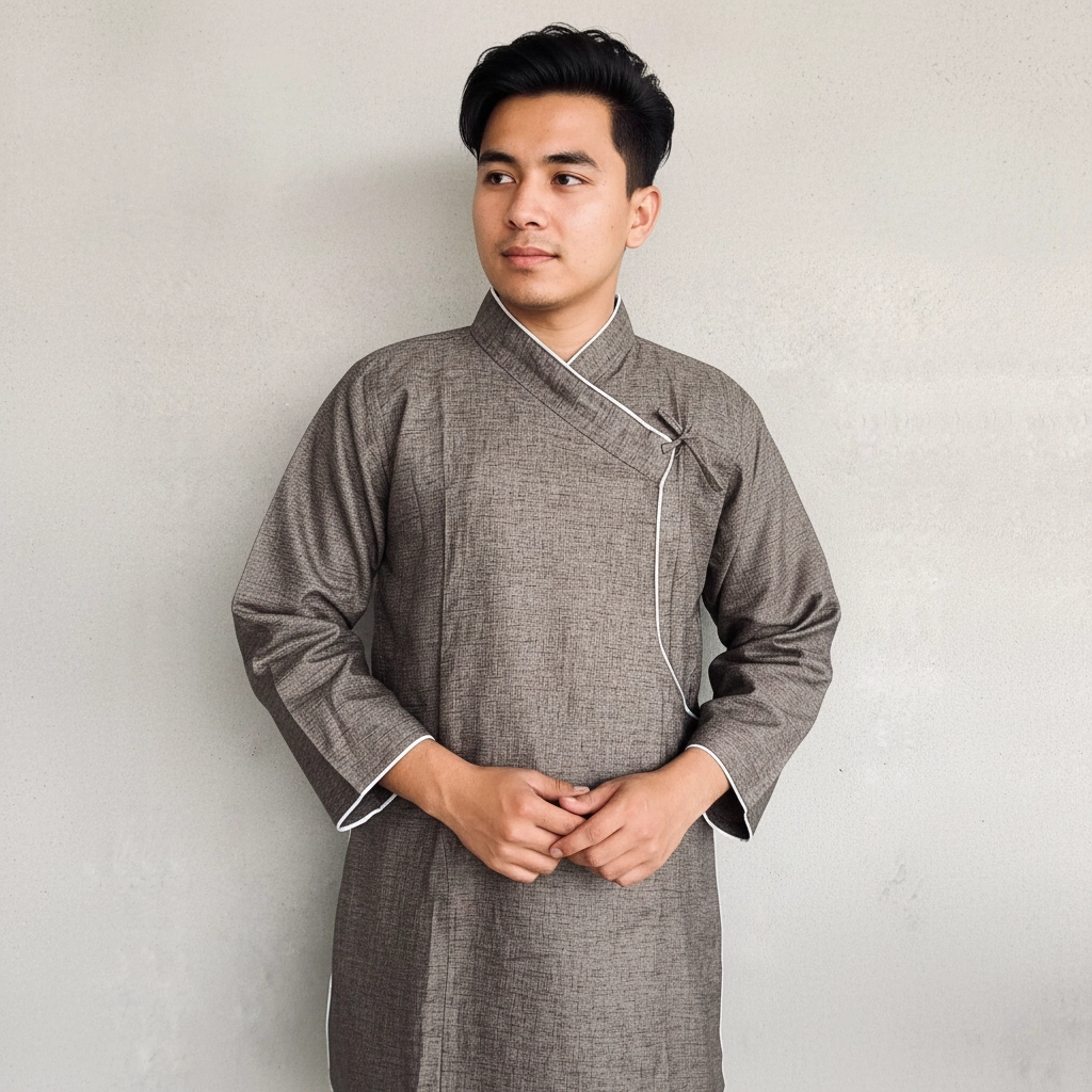 Guy in Charcoal Daura top with white piping and wrap tie