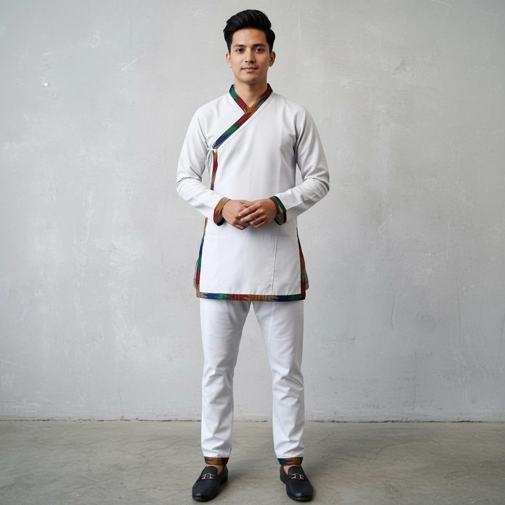 Guy in White Daura top with multicolour Dhaka trim and suruwal Guy in White Daura top with multicolour Dhaka trim and suruwal set