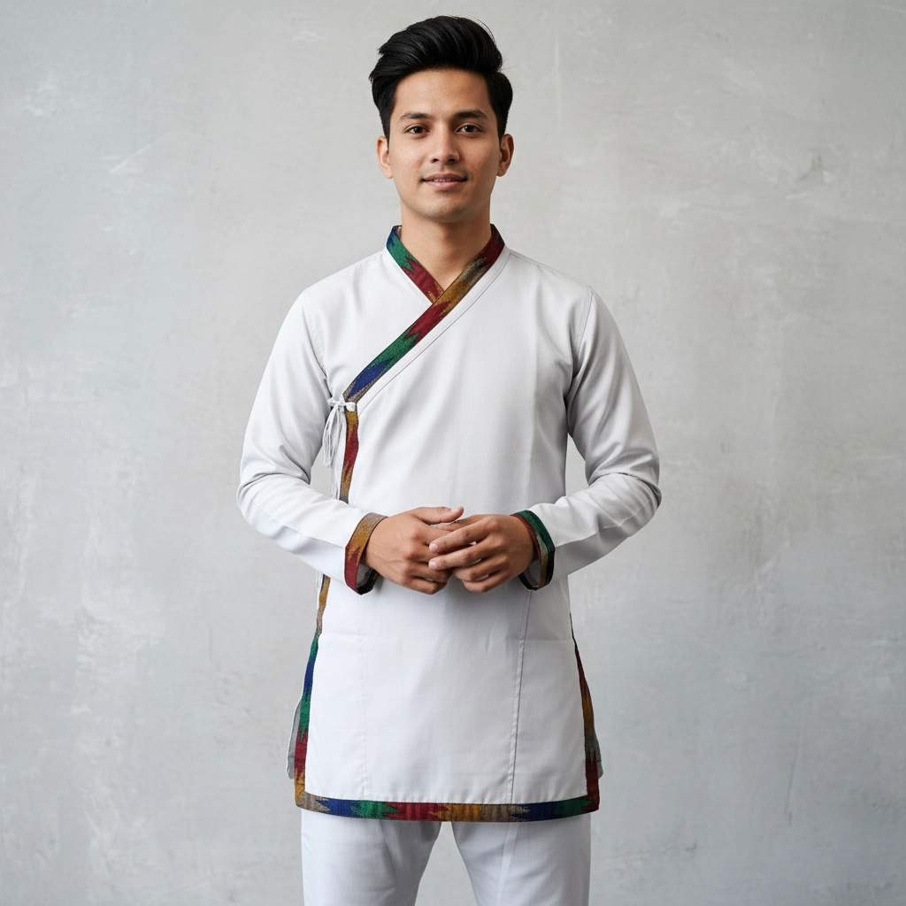 Guy in White Daura top with multicolour Dhaka trim and tie knots Guy in White Daura top with multicolour Dhaka trim and tie knots