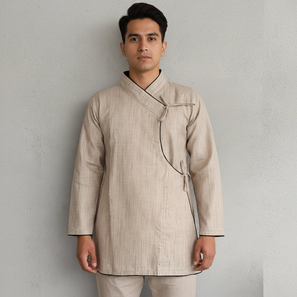 Guy in beige Daura wrap top with black piping and tie knots