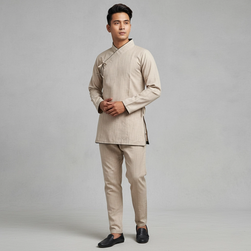 Guy wearing beige Daura wrap top with black piping and suruwal set