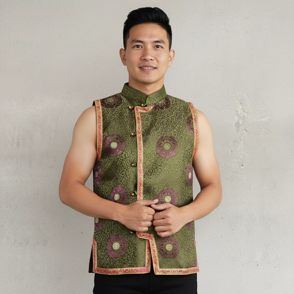 Handsome man in brocade Tamang sleeveless Khenja
