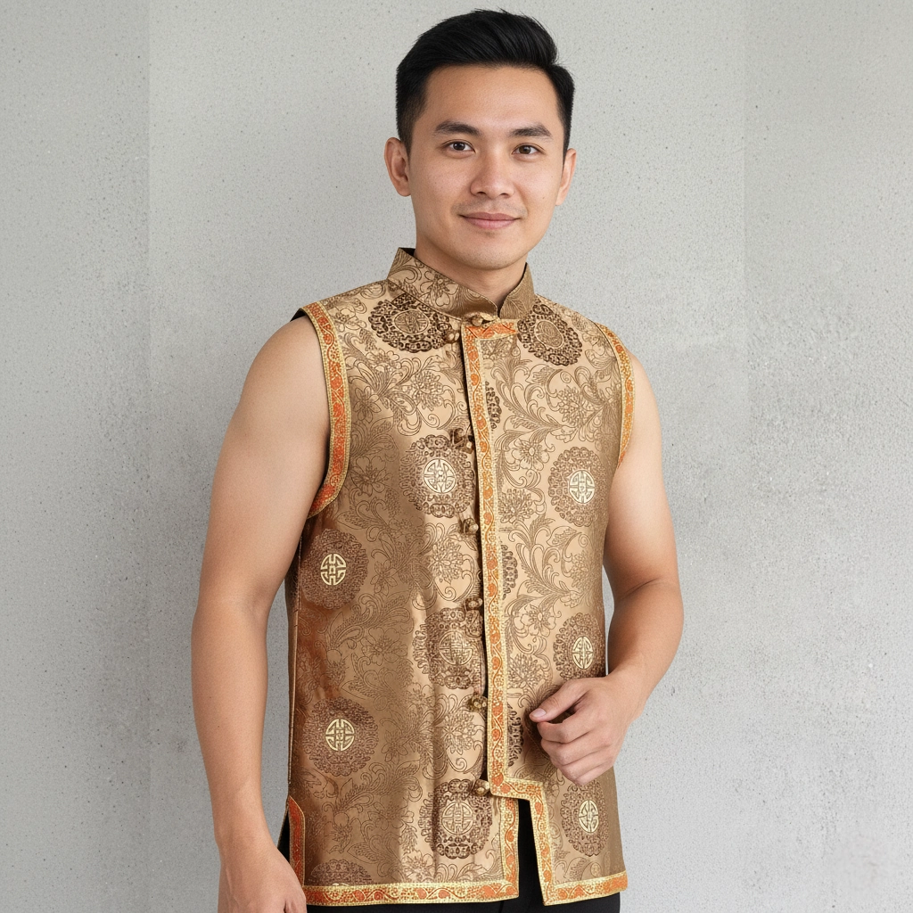 Man wearing gold brocade Tamang sleeveless Khenja