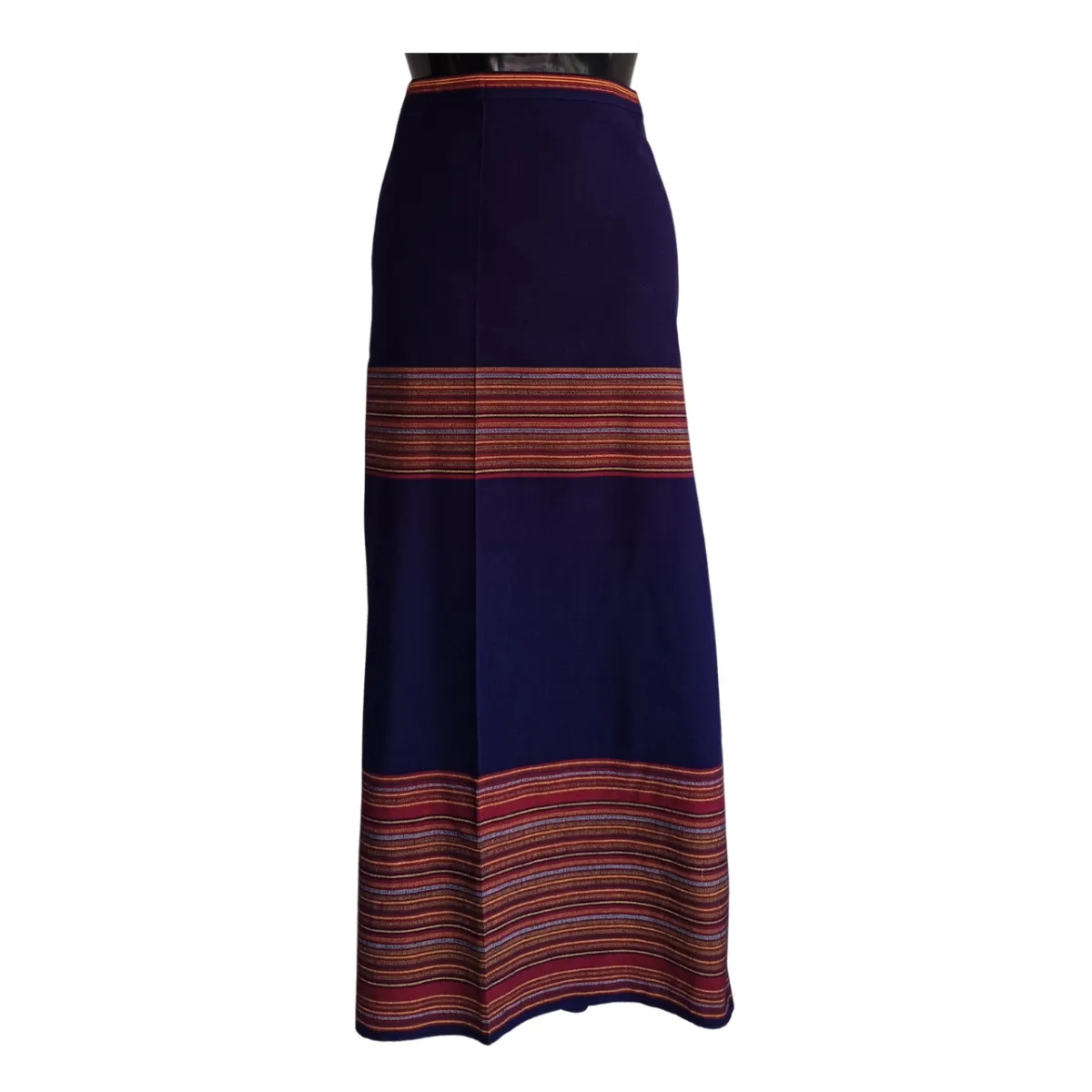 Navy cotton Tamang wrapper with red stripe bands, ankle length