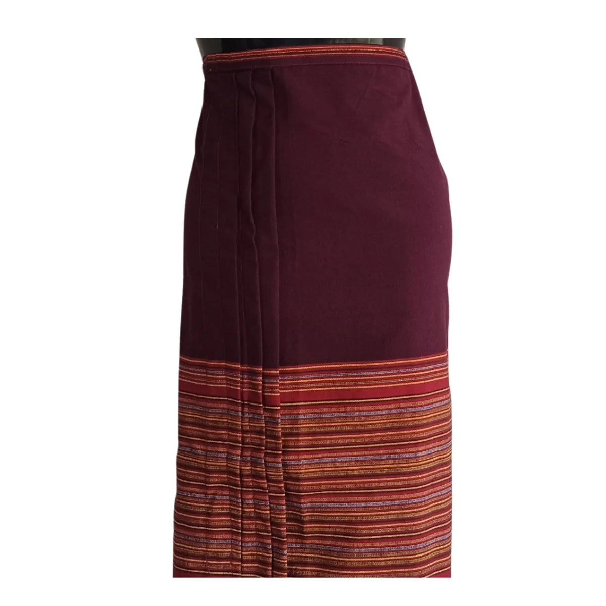 Side view of maroon cotton wrapper showing stitched pleats and stripe panel