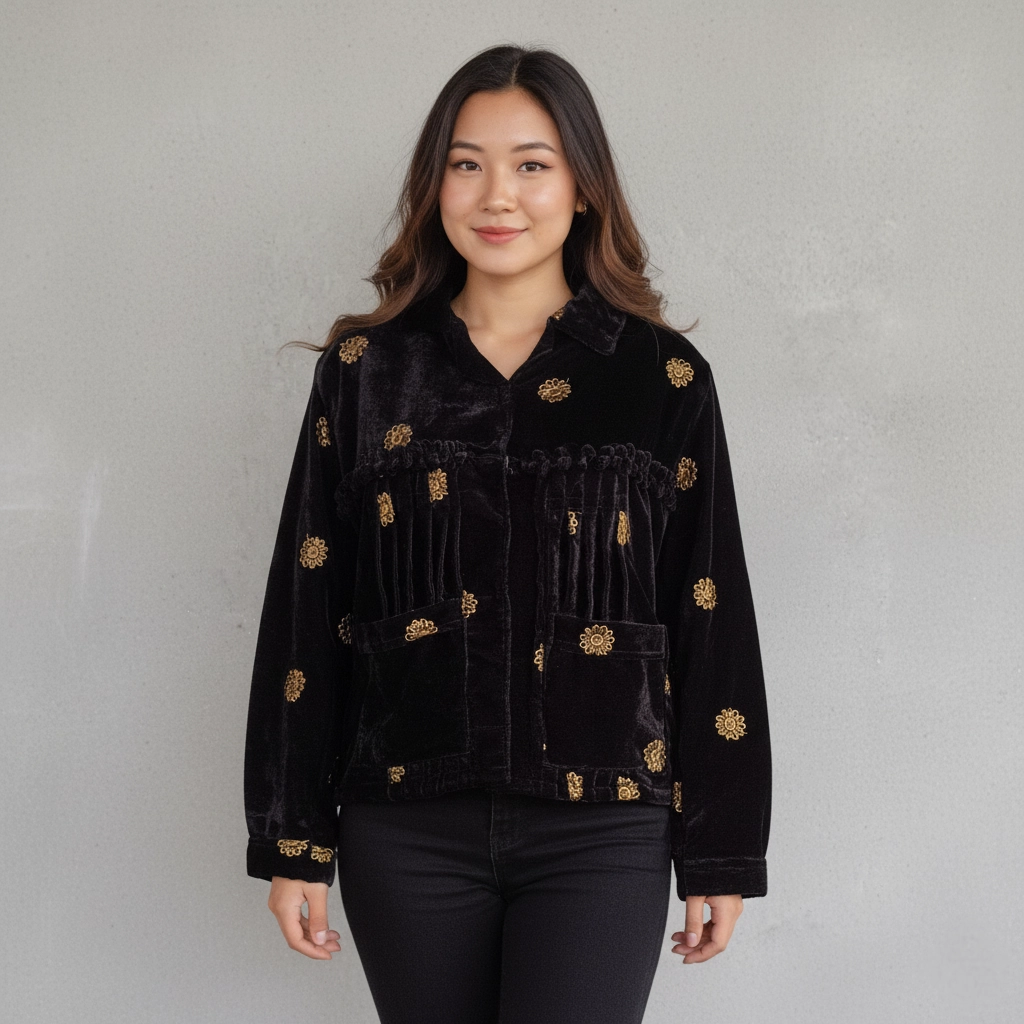 Woman wearing Black velvet Rai Cholo