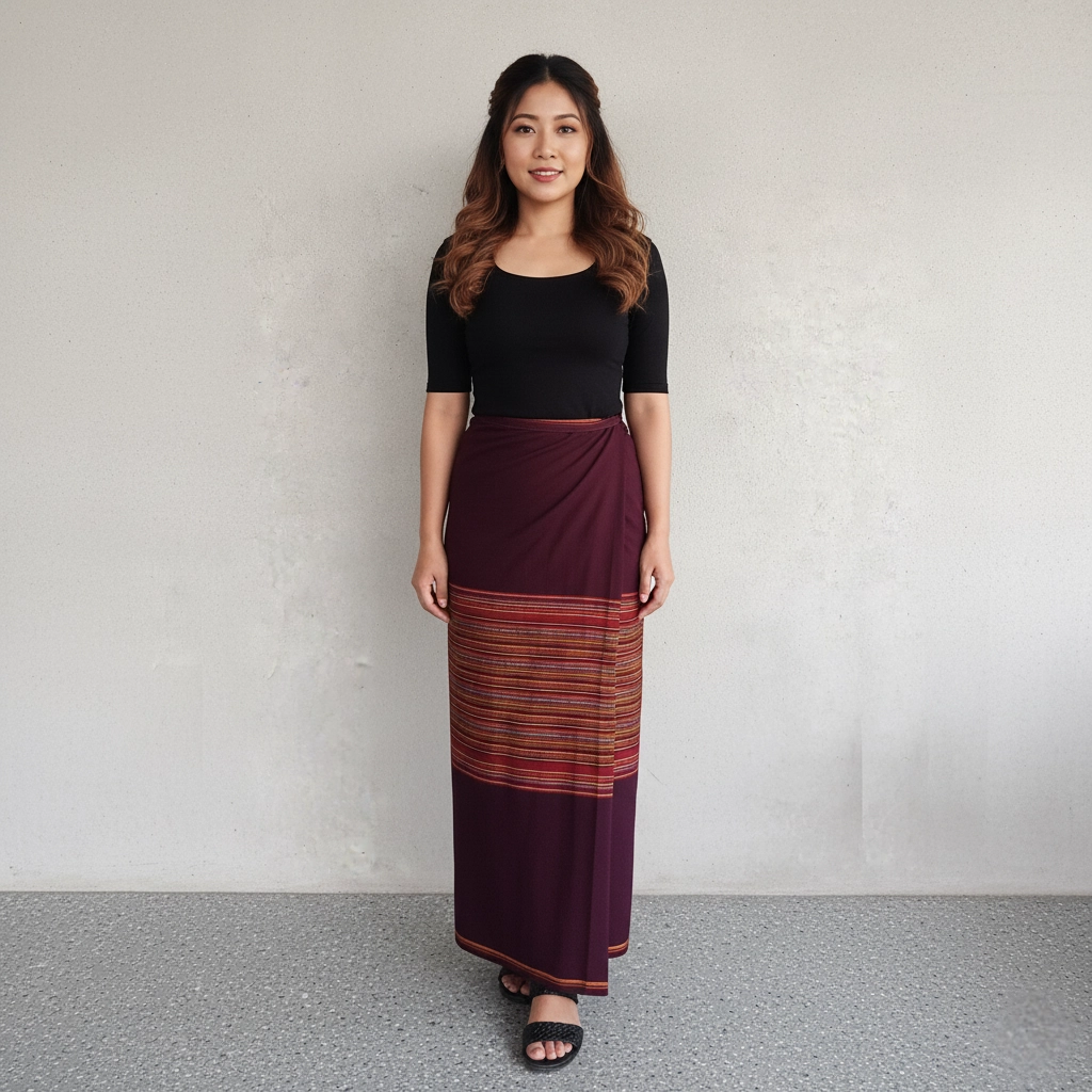 Woman wearing maroon Tamang wrapper