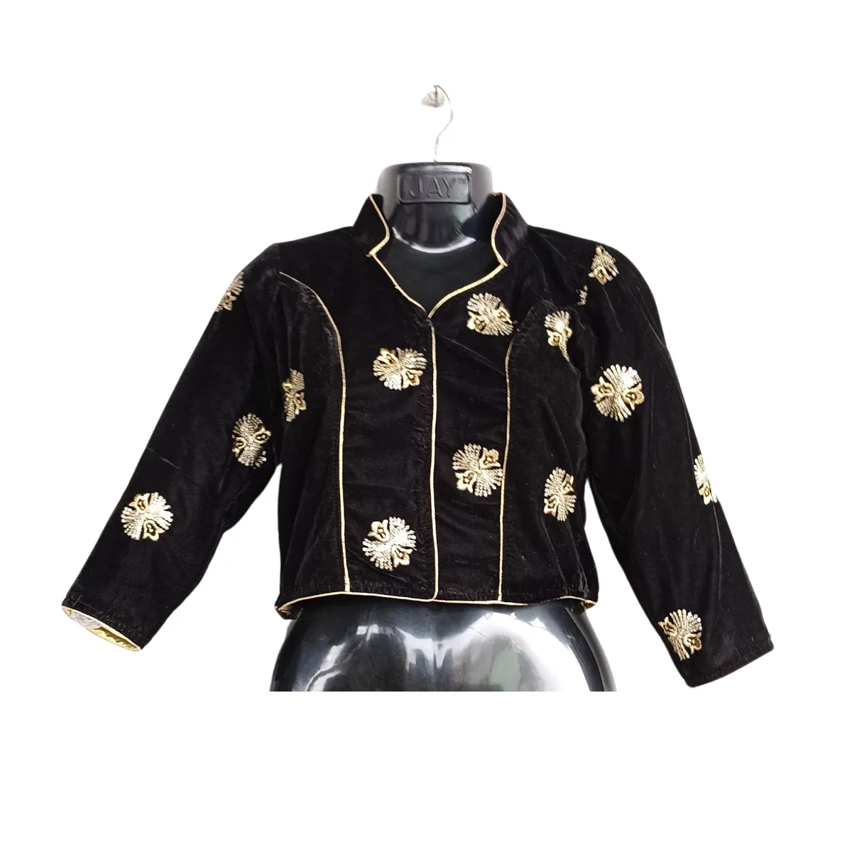 Black embroidered velvet blouse with mandarin collar and gold piping
