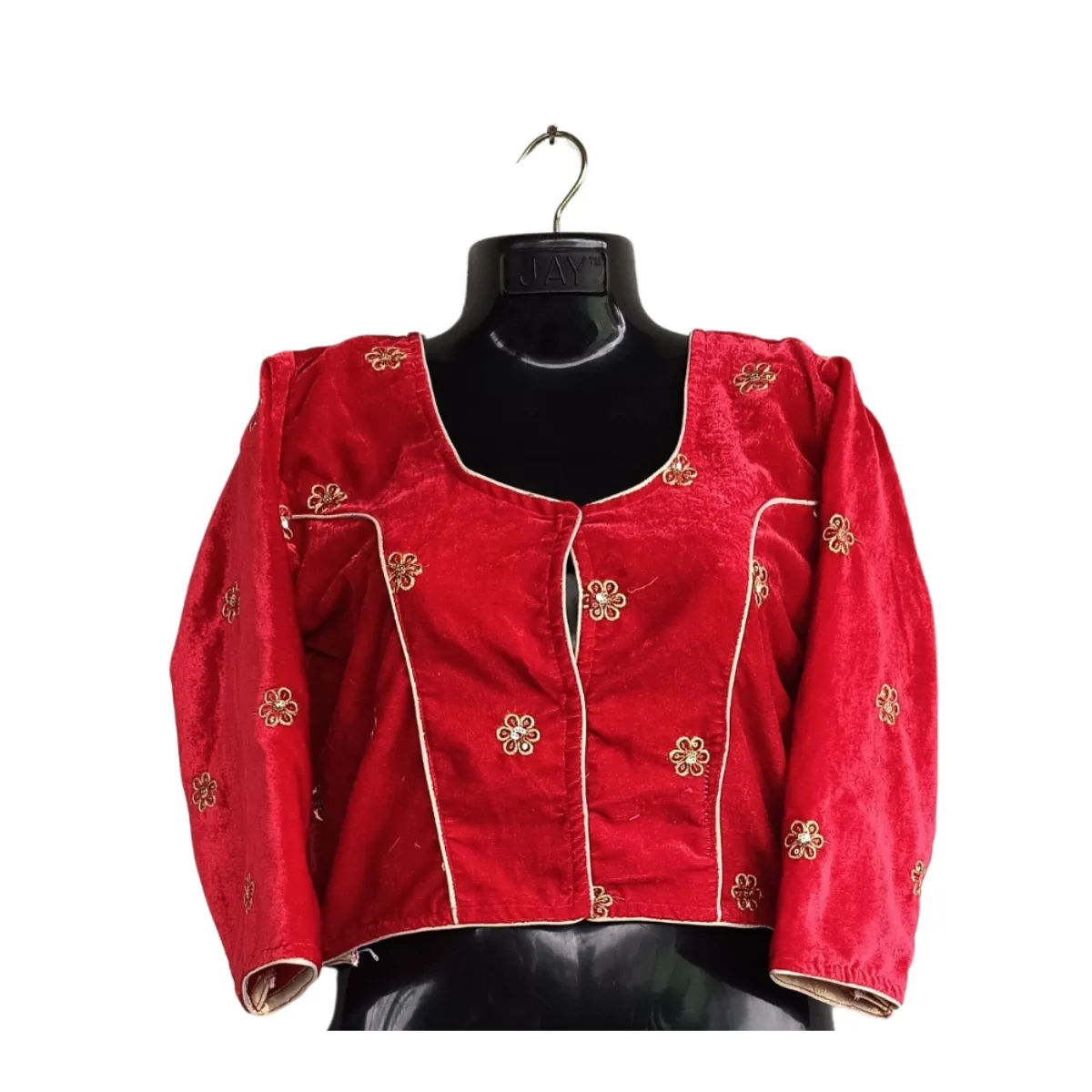 Bridal red velvet blouse with round neck, gold butti – front view