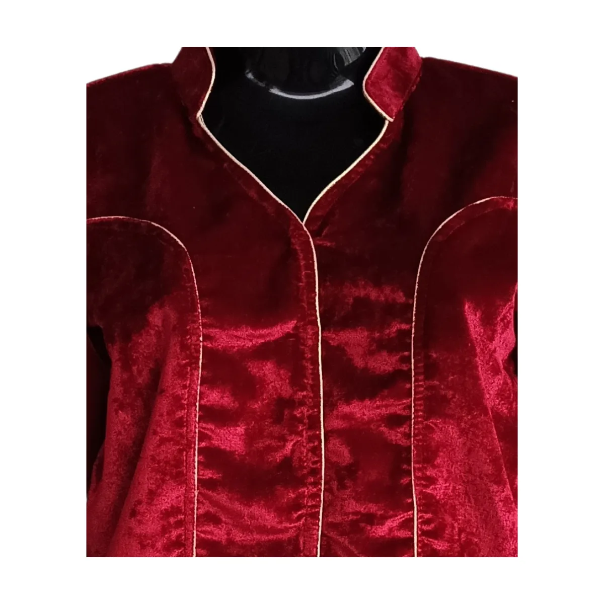 Close up of Maroon velvet mandarin-collar blouse