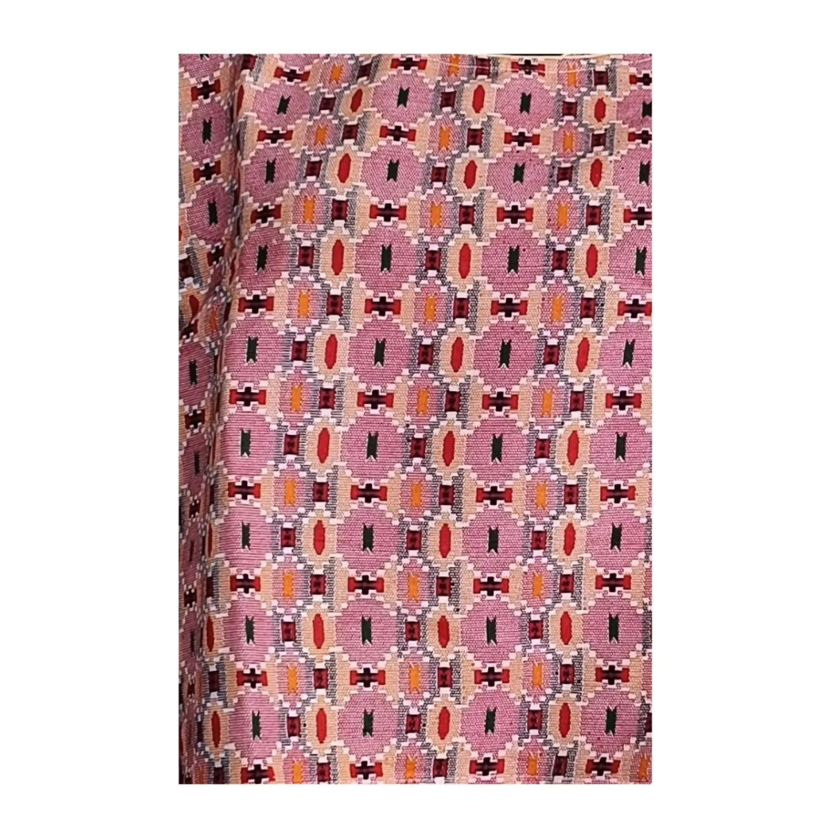 Close-up of Urbandi fabric – pink weave with multicolour geometric motifs