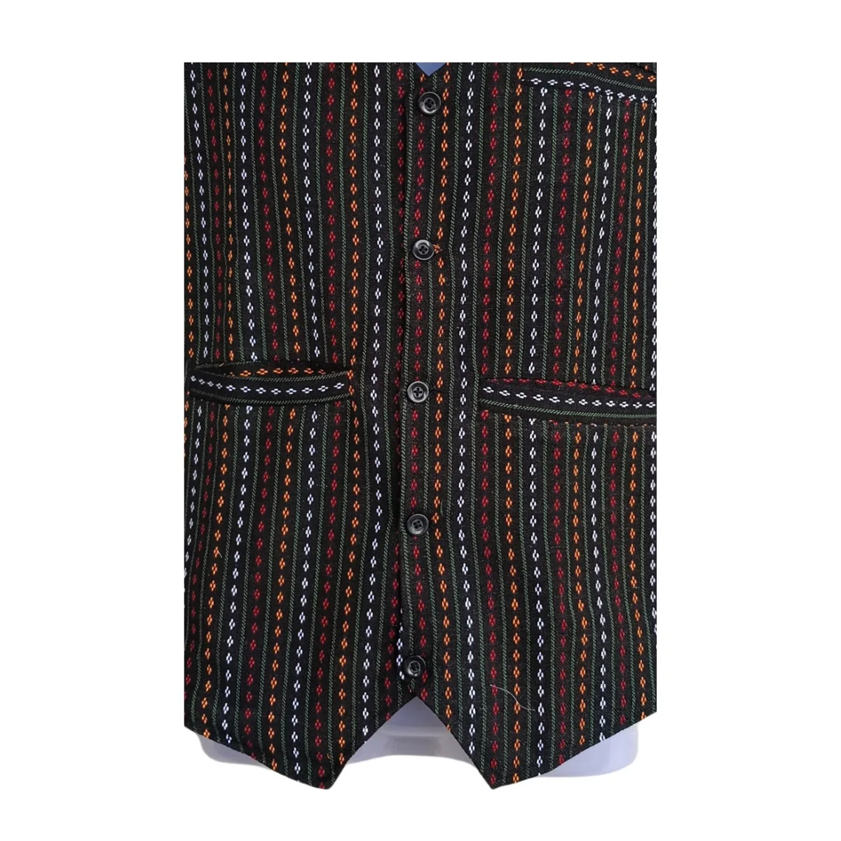 Close-up of buttons, pockets and multicolour stripe:diamond pattern – Newar waistcoat