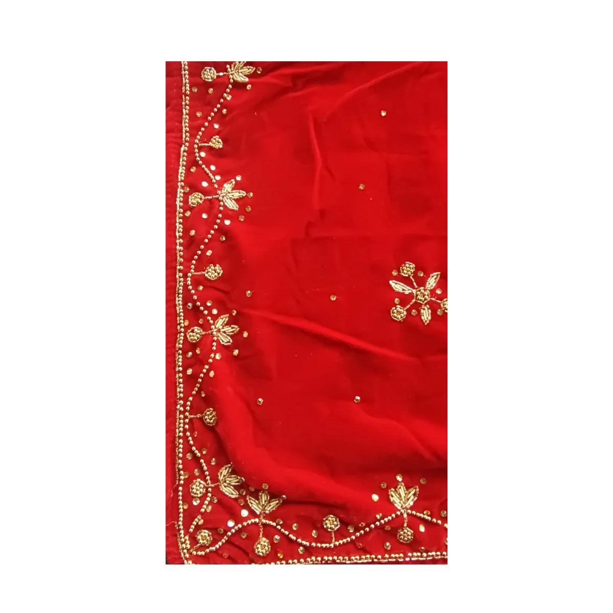 Close-up of red ghalek jari stone embroidery along the edge