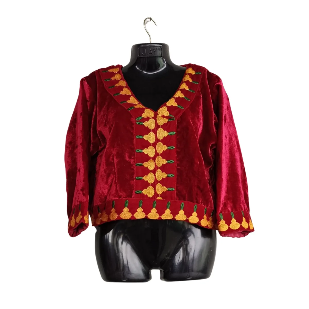 Close-up of red velvet chindu blouse for Rai lehenga set