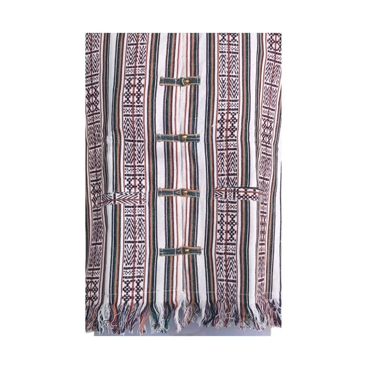 Close-up view of Lepcha stripe motifs, loop-toggle closures and fringe hem