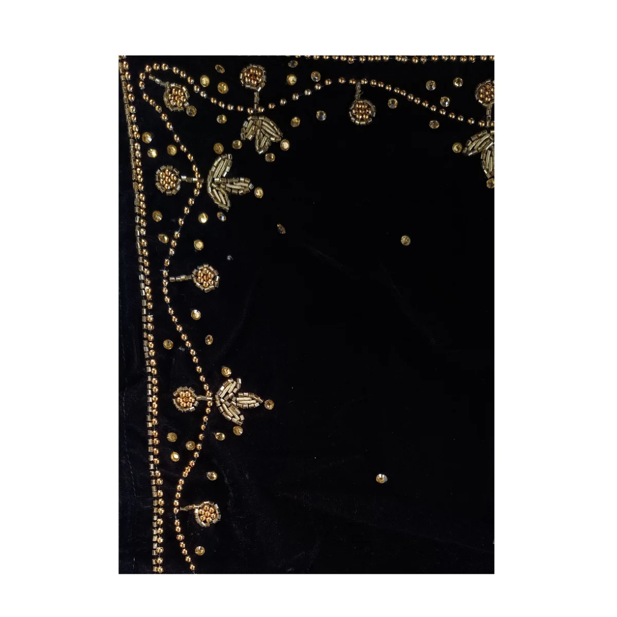 Detail of black ghalek corner showing gold jari and stone work